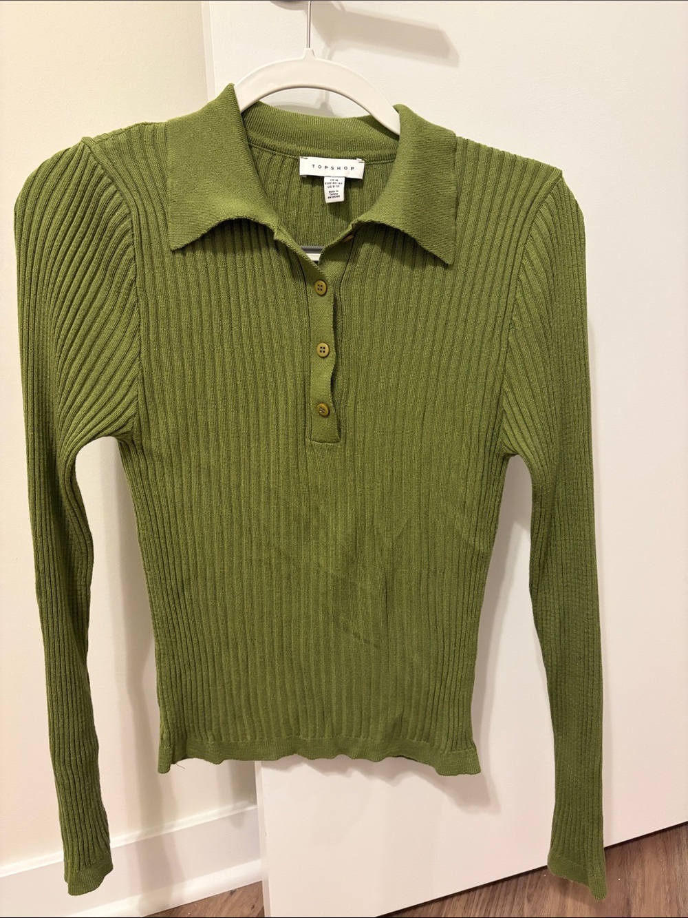 Topshop Olive Ribbed Long Sleeve Polo Top